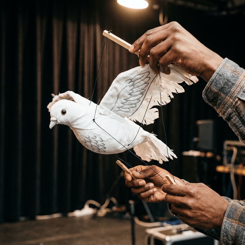 Hands controlling a white bird marionette with black strings